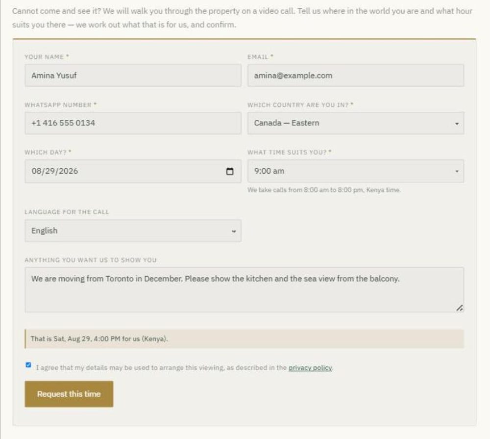 The Tourpoint viewing request form: a buyer in Canada picks 9am and the form shows the agent it is 4pm in Kenya
